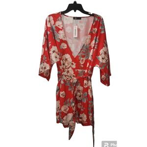 CBR Floral Print Romper V-Neck‎ Kimono Sleeve Red White Size L